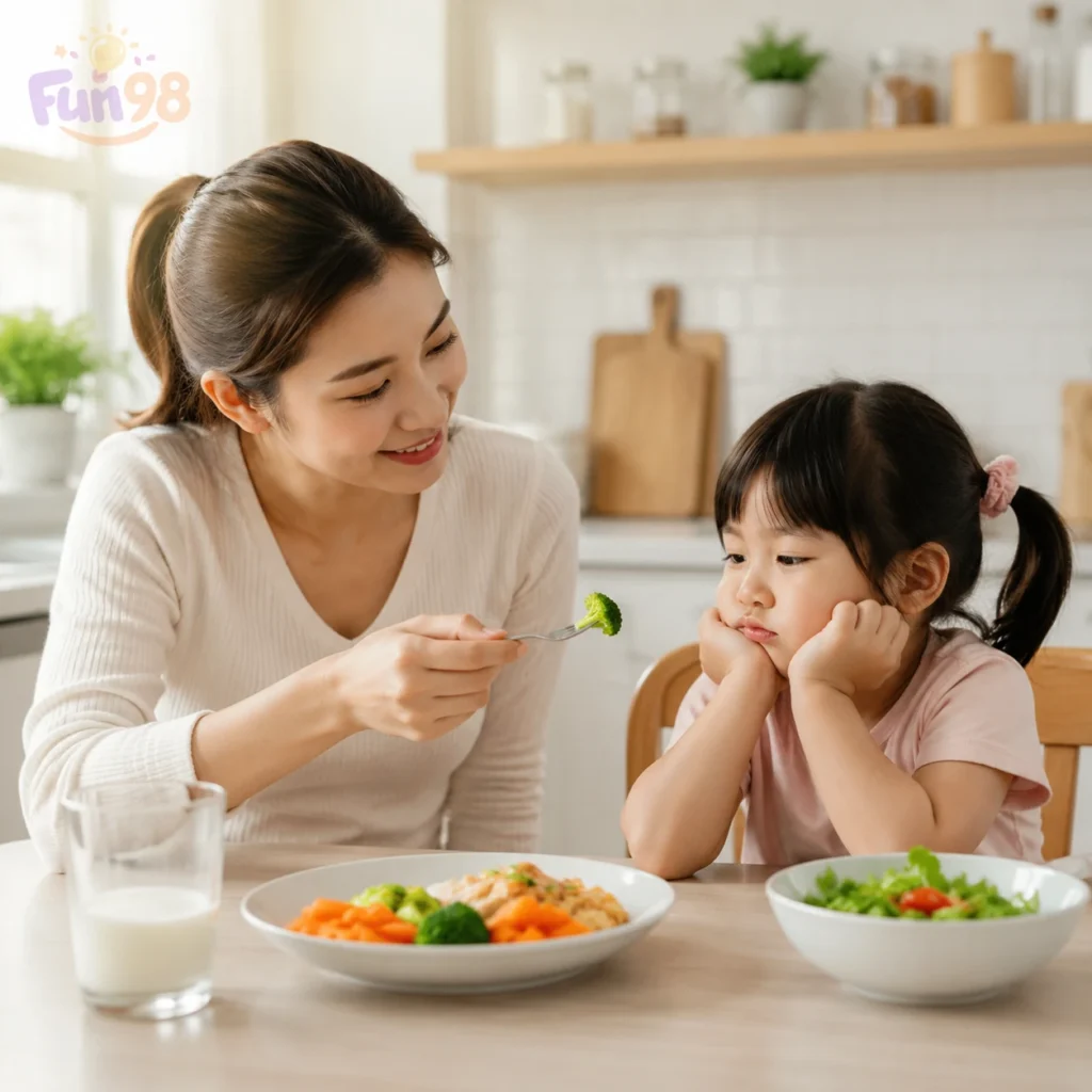 کودک بیاشتها در حال غذا خوردن با کمک والدین